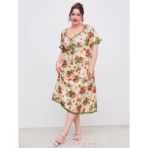 Women's Cider Midi Dress 1XL Cream Red Strawberry Print